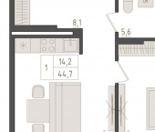 1-комн, 45 кв м, этаж 2/23 улица Аксакова, 18