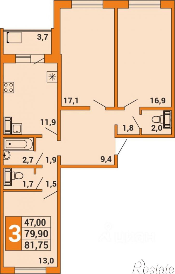 3-комн квартира в новом доме улица Орджоникидзе, 32/2,  д. 32/2