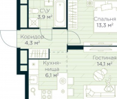 1-комн, 42 кв м, этаж 8/30 жилой район Глумилино, ЖК Урман Сити