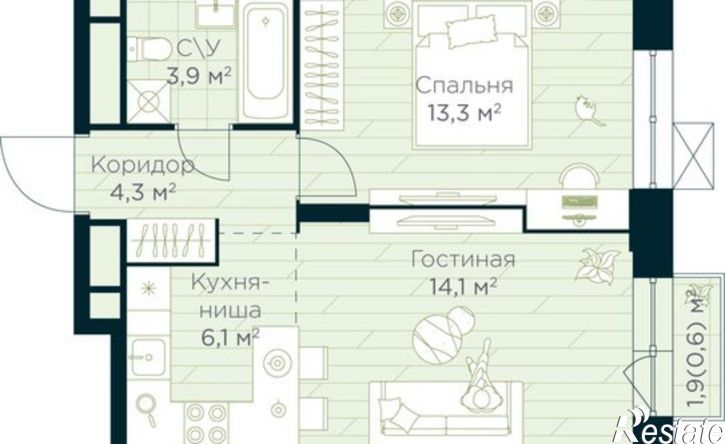 1-комн квартира в новом доме жилой район Глумилино, ЖК Урман Сити