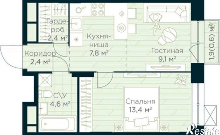 1-комн квартира в новом доме жилой район Глумилино, ЖК Урман Сити