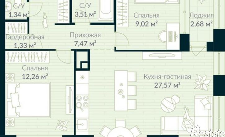 2-комн квартира в новом доме жилой район Глумилино, ЖК Урман Сити