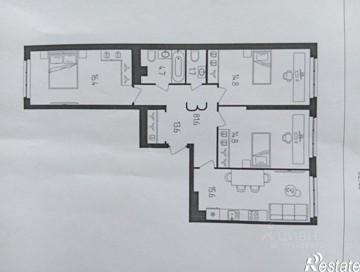 3-комн квартира Бородинская улица, 19,  д. 19