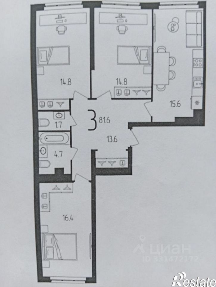 3-комн квартира Бородинская улица, 19,  д. 19