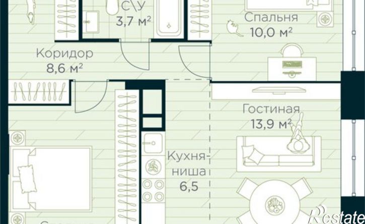 2-комн квартира в новом доме жилой район Глумилино, ЖК Урман Сити