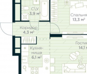 1-комн, 42 кв м, этаж 14/30 жилой район Глумилино, ЖК Урман Сити