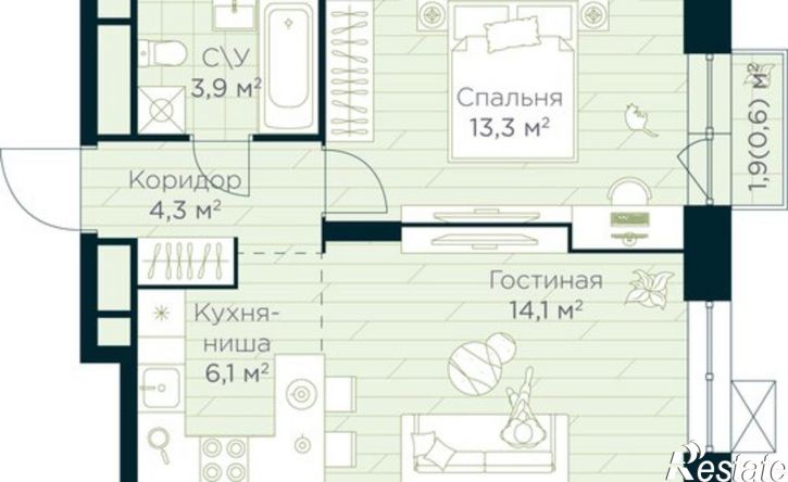 1-комн квартира в новом доме жилой район Глумилино, ЖК Урман Сити