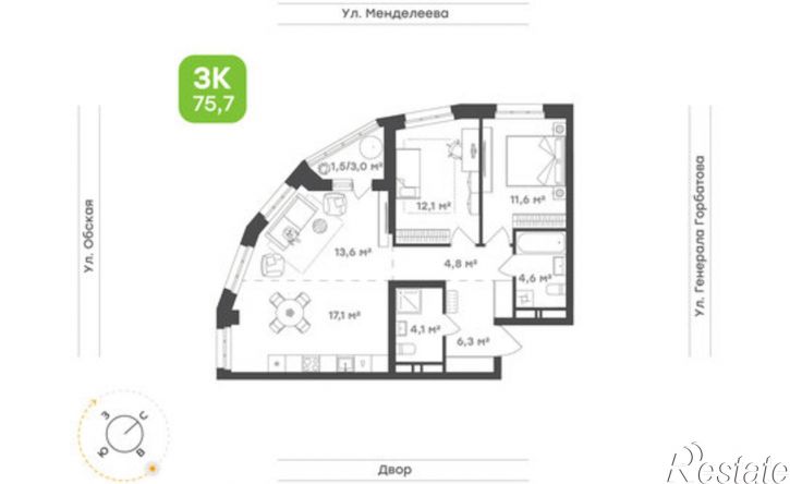 3-комн квартира ул Менделеева, 132/1,  д. 132/1