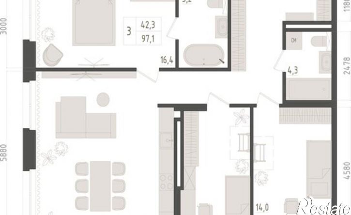 3-комн квартира в новом доме ул Аксакова, 14/1,  д. 14/1