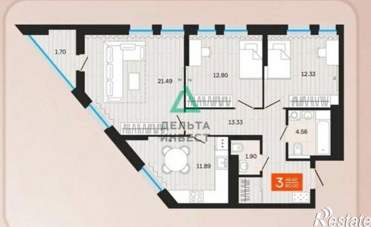 3-комн квартира в новом доме ул Султанова, 34,  д. 34