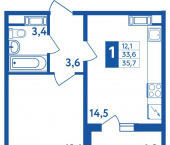 1-комн, 35 кв м, этаж 7/18 Генерала Кусимова, 18
